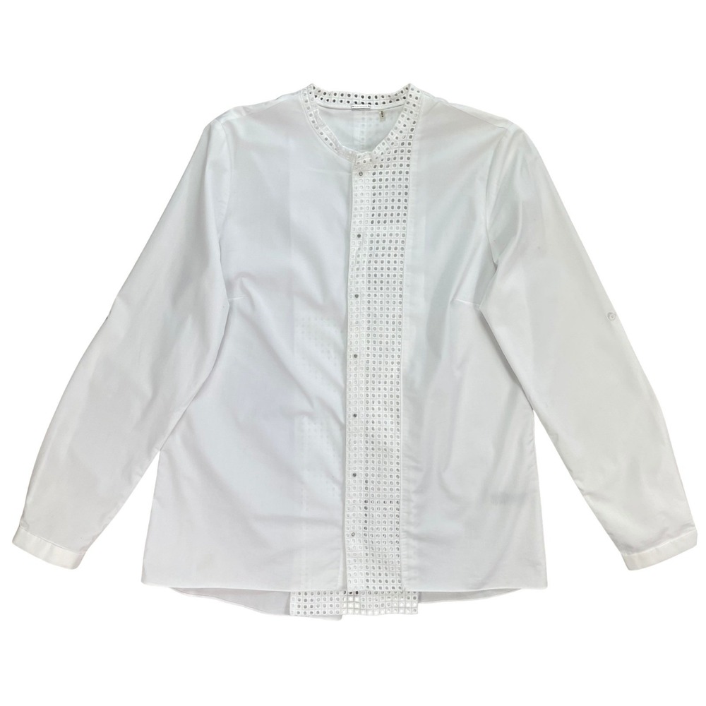 Elie Tahari Womens Blouse White Medium Eyelet Roll Sleeve Minimalist Chic Luxury